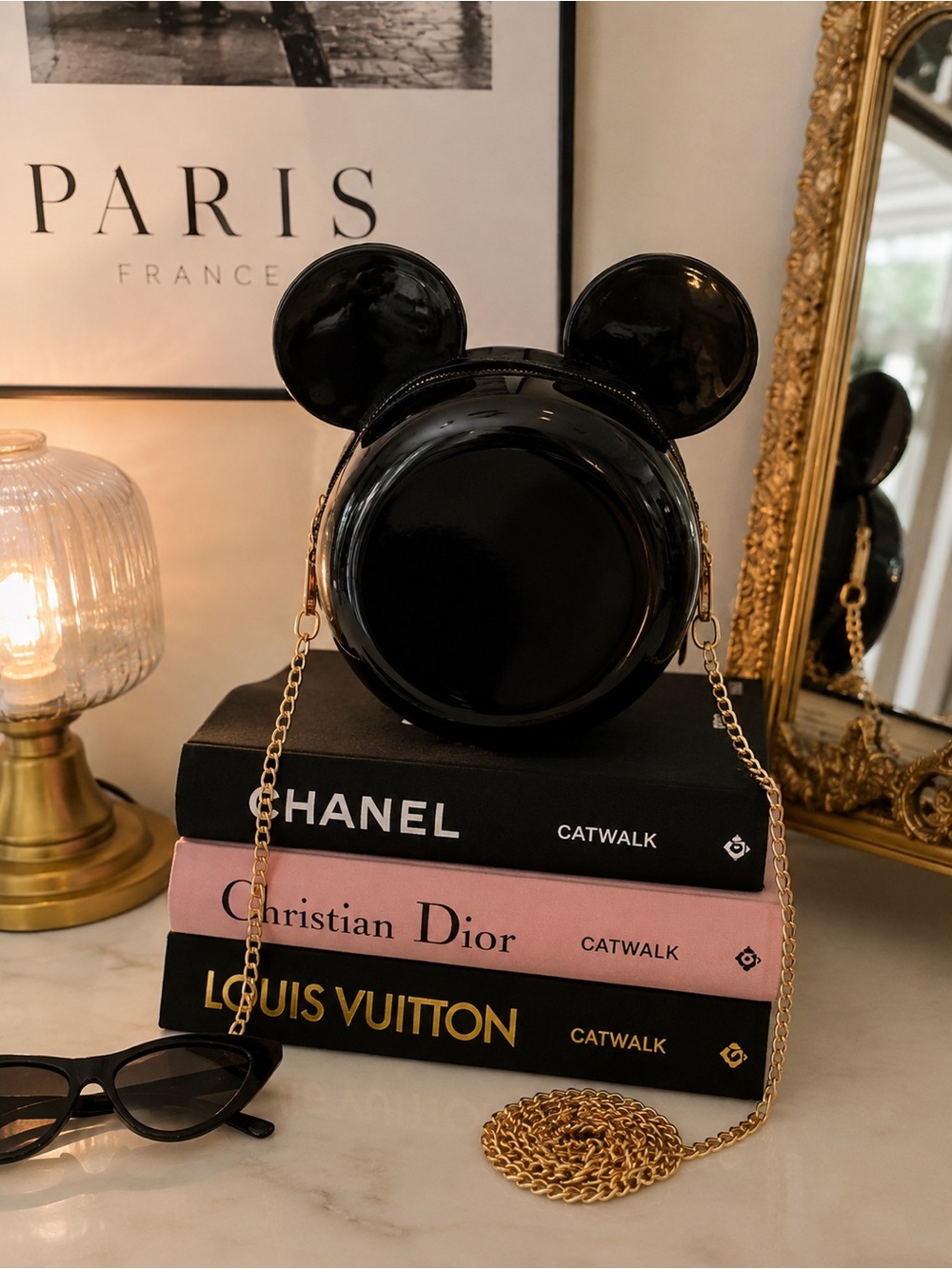 Black Patent Mickey Ear Crossbody Bag with Gold Chain